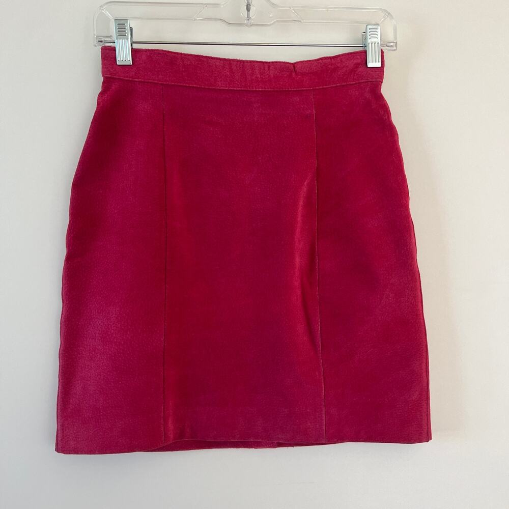 Vintage Barbie Pink Suede Leather Mini A Line Skirt Womens 4 Festival - Picture 2 of 12